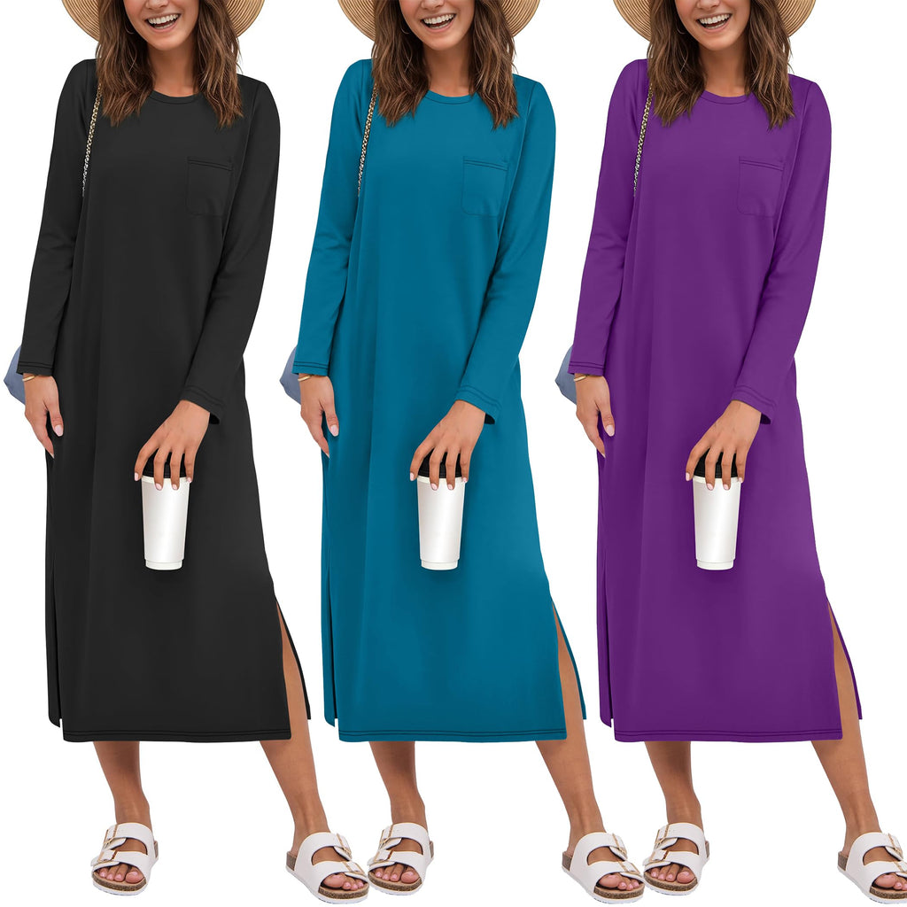 Ekouaer 3 Pack Long Sleeve Full Length Chest Pocket Nightgowns for Women