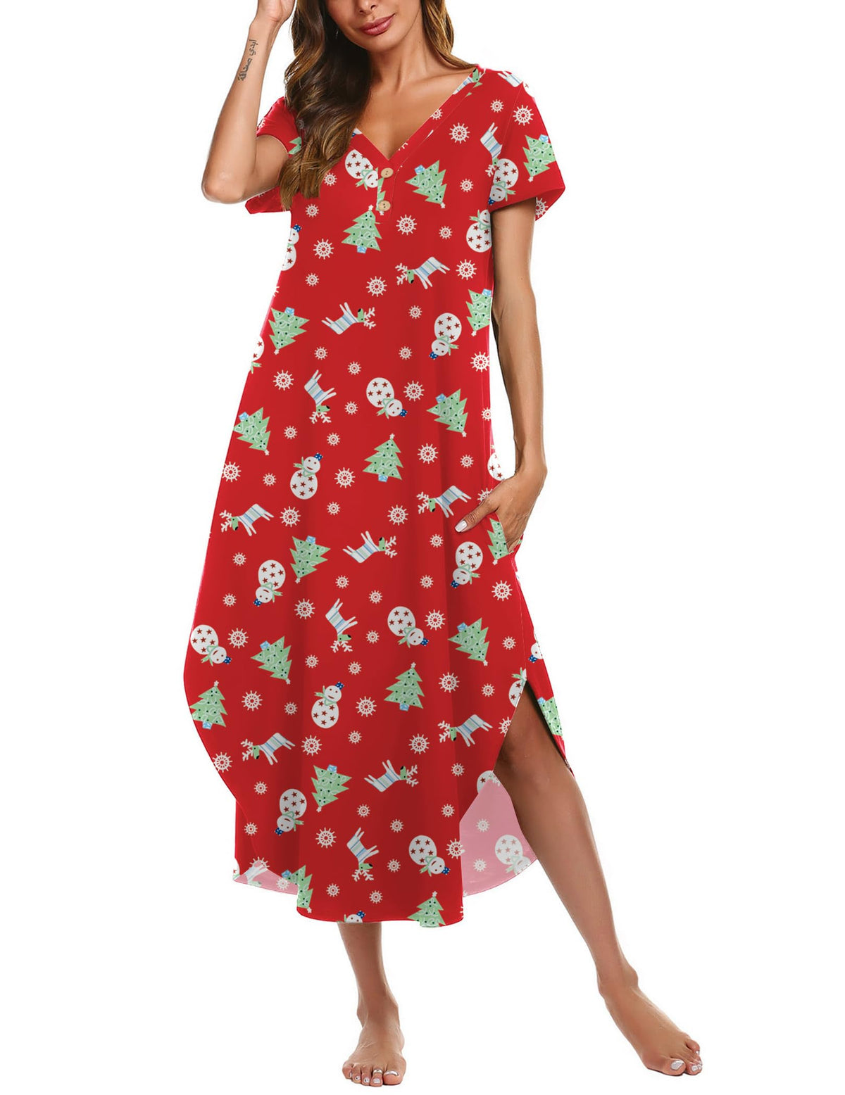 Ekouaer Long Nightgowns For Women Short Sleeve Midi Nightgown With Pockets