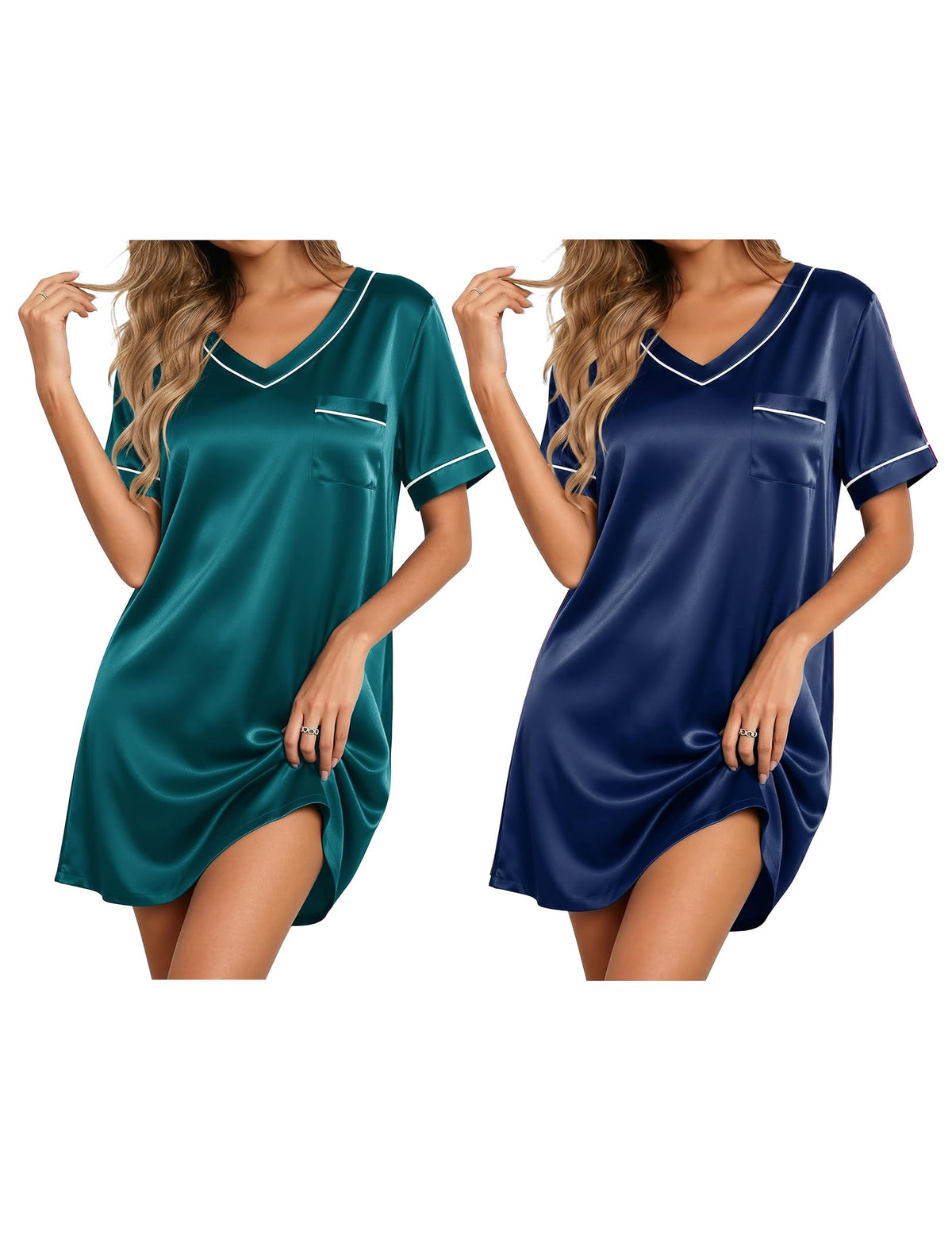 Ekouaer 2 Pack Nightgowns for Women Satin Short Sleeve V Neck House Dress