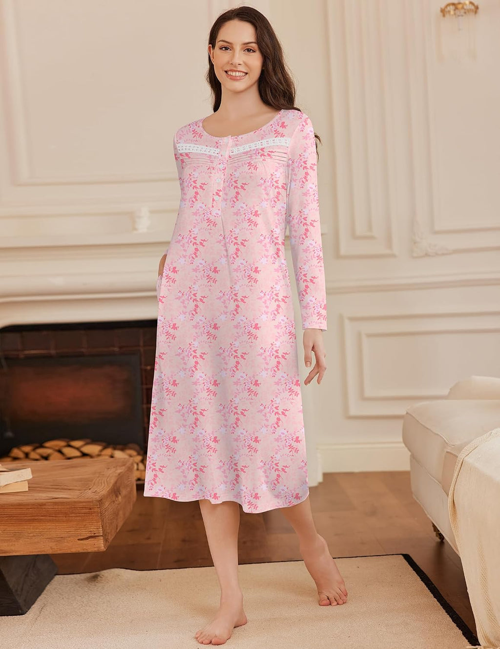 Ekouaer Long Sleeve Nightgown for Women Long Henley House Dress with Pocket