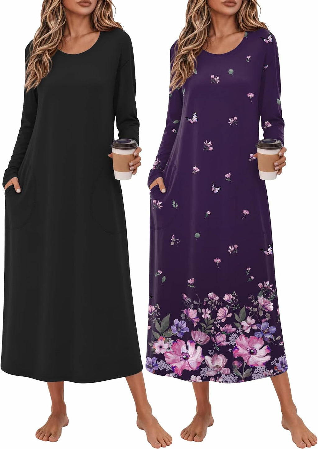 Ekouaer 2 Pack Long Nightgowns for Women Long Sleeve Nightgown with Pocket