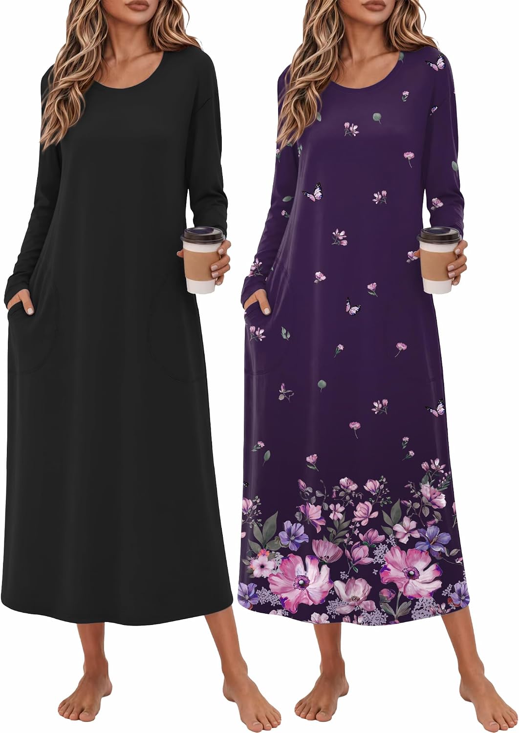 Ekouaer 2 Pack Long Nightgowns for Women Long Sleeve Nightgown with Pocket
