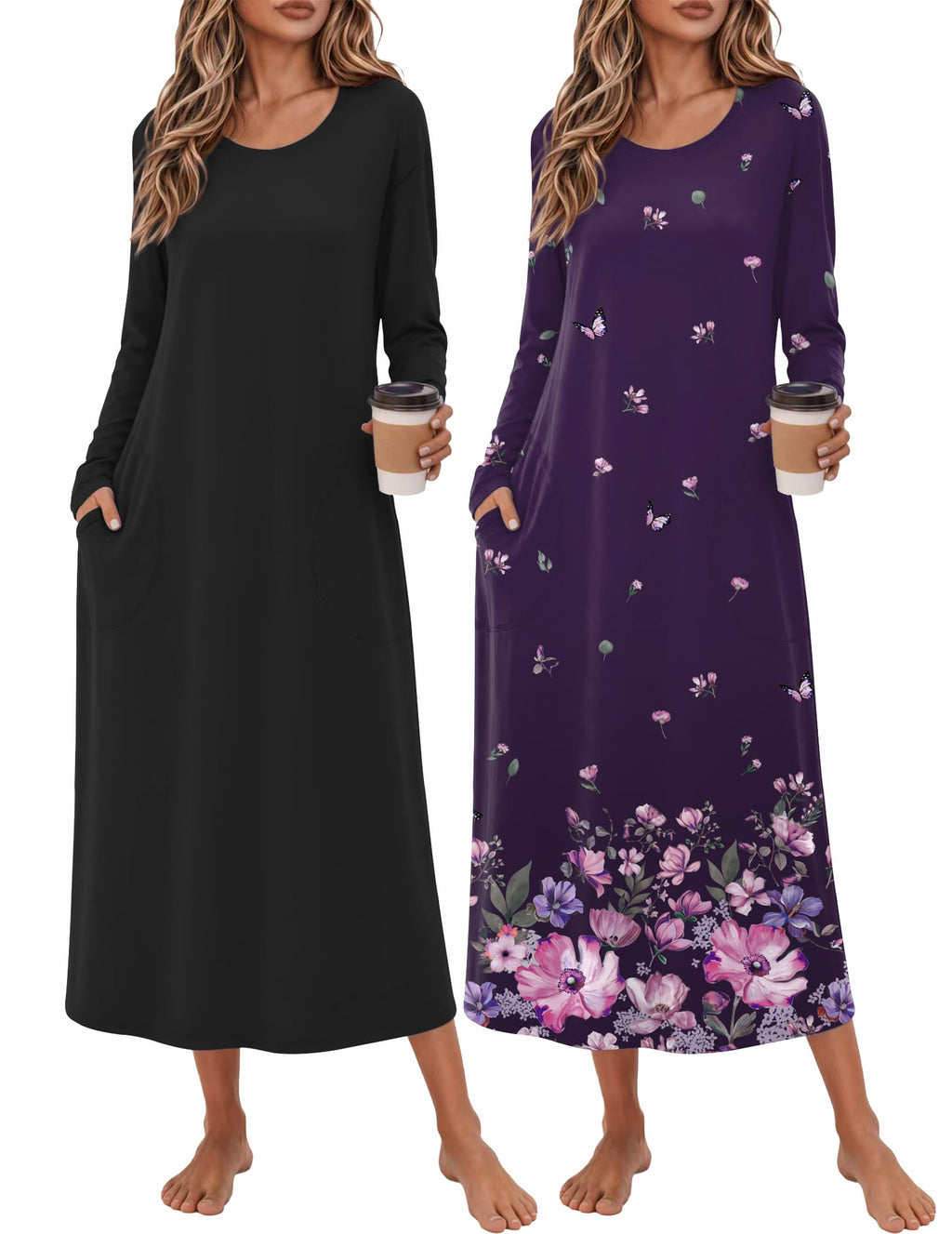 Ekouaer 2 Pack Long Nightgowns for Women Long Sleeve Nightgown with Pocket