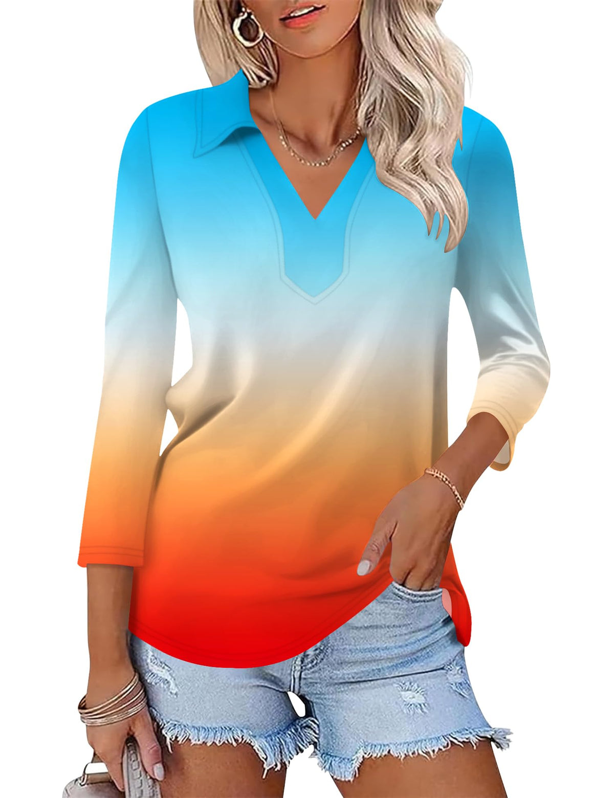 LOMON 3/4 Sleeve Womens Tops Summer Collared Polo Shirts V Neck Polos Tees