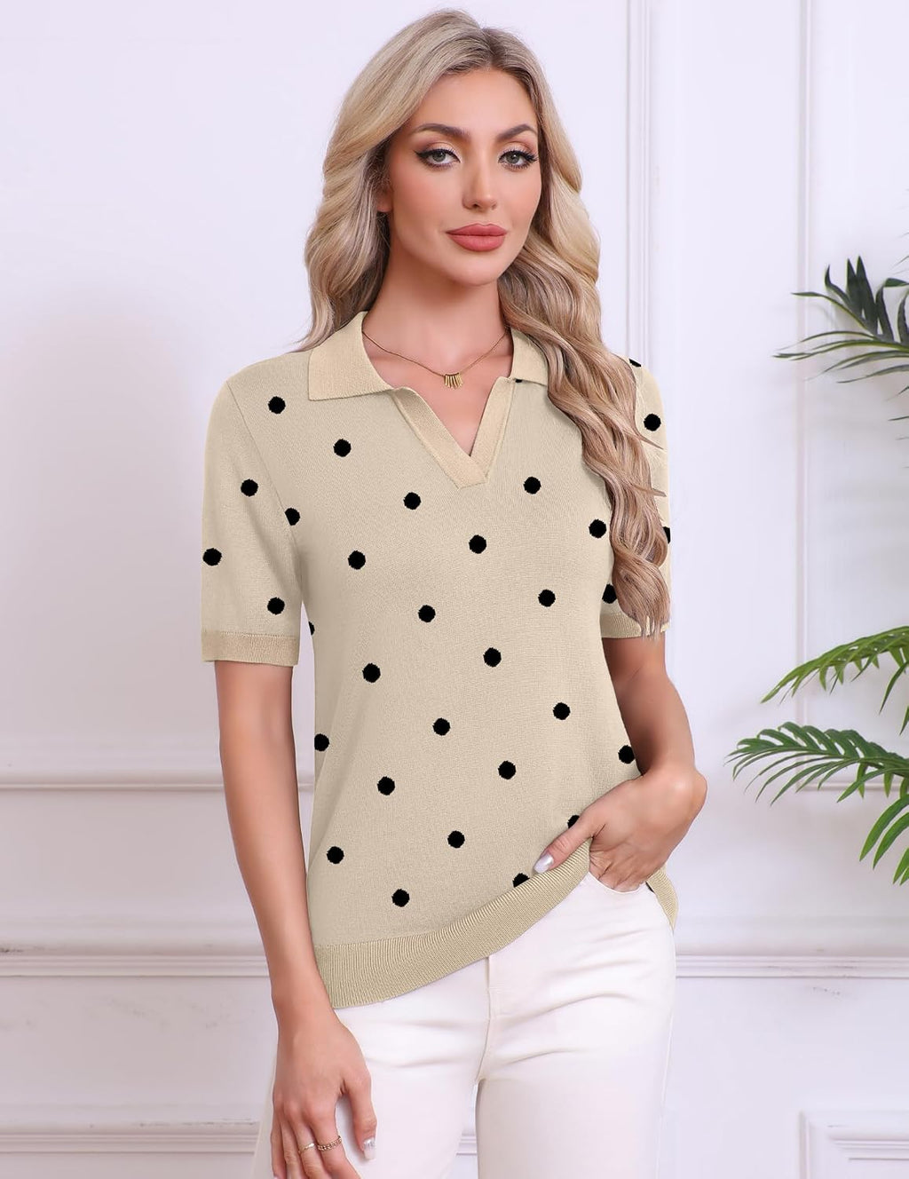 Zeagoo Womens Polo Sweater Short Sleeve V Neck Knitted Business Casual Tops