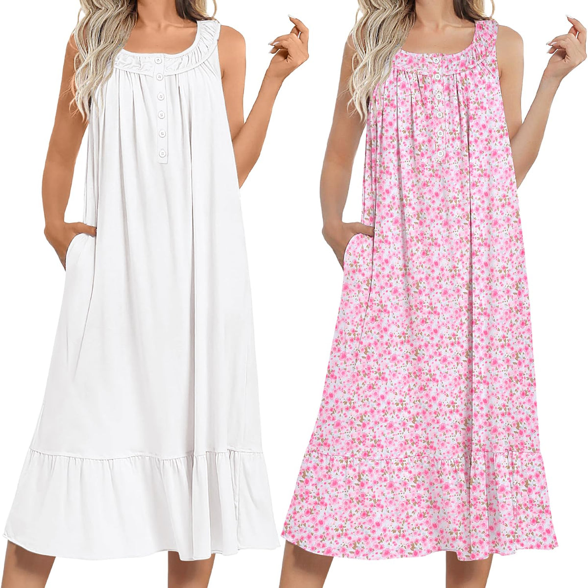 Ekouaer 2 Pack Nightgowns for Women Sleeveless Long Night Gowns Victorian Nightdress with Pockets Soft Ladies Gown