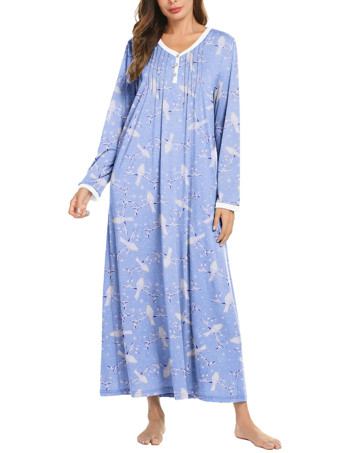 Ekouaer Women's Long Sleeve Nightgown Full Length Sleepwear Long Sleepshirts Henley Sleep Dress