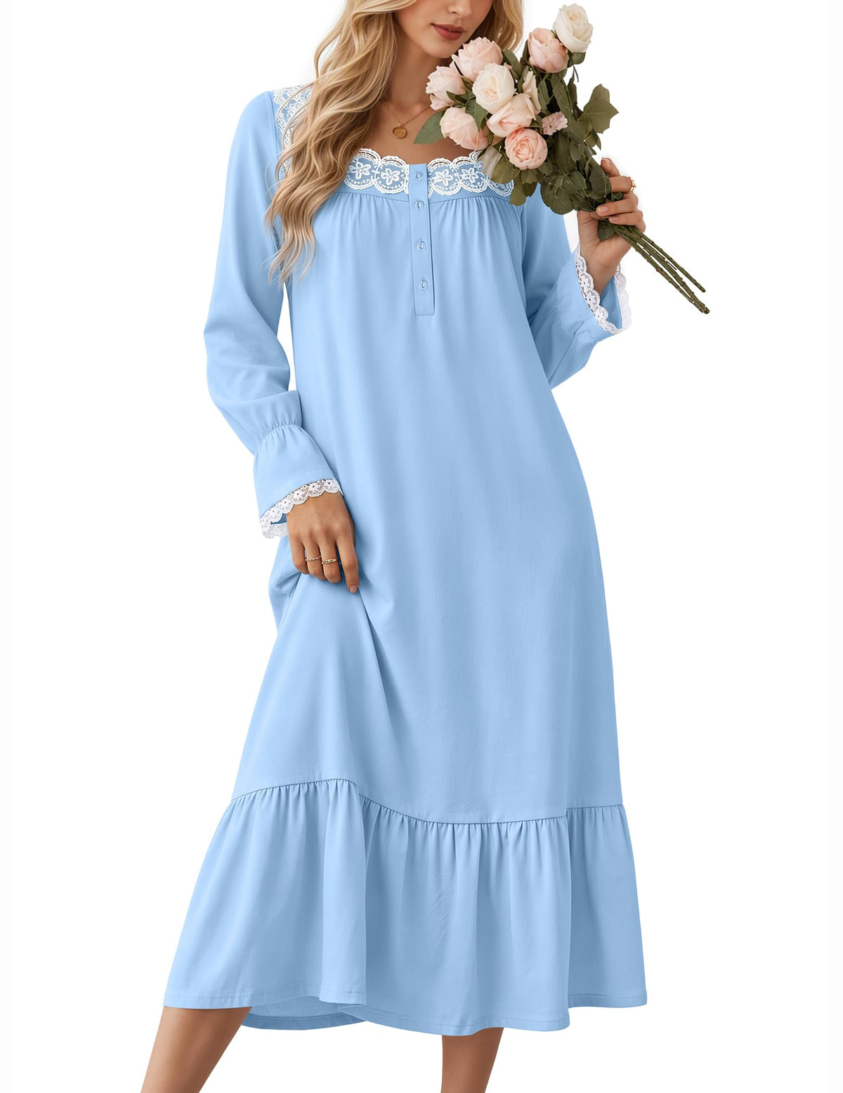 Ekouaer Cotton Nightgowns for Women Long Sleeve Night Gown Lace Sleepwear