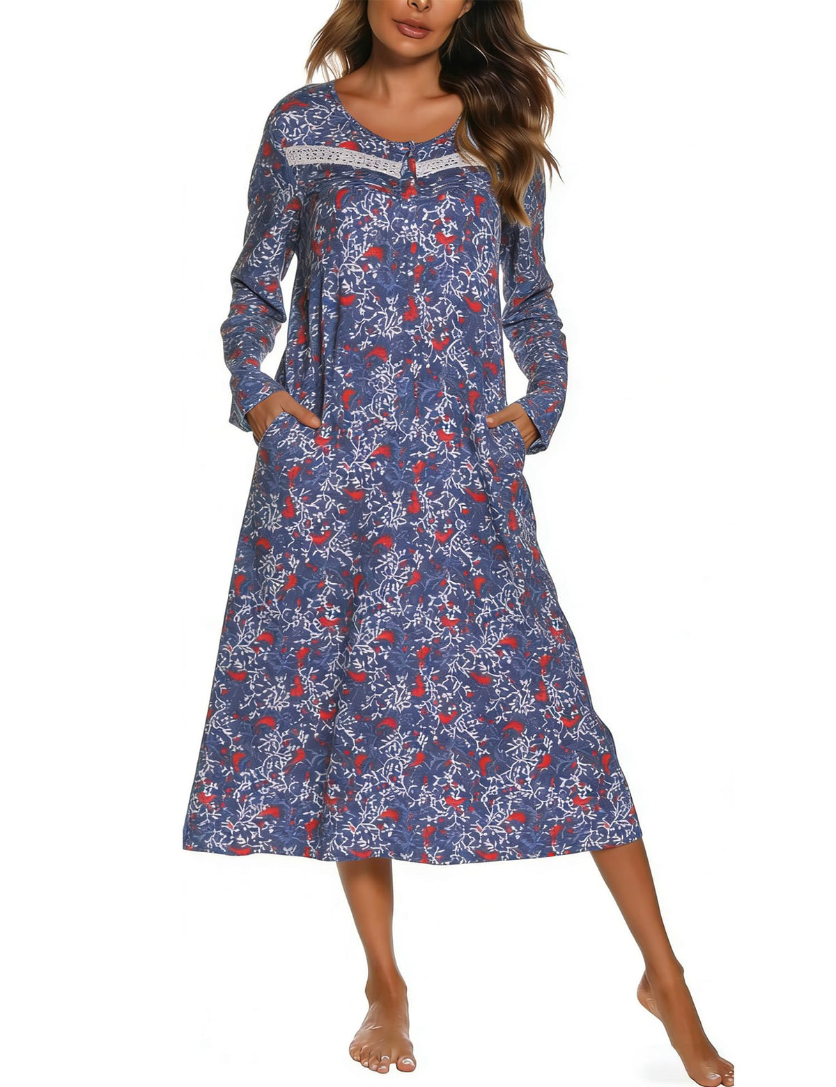 YOZLY Nightgowns for Women Soft Cotton Long Sleeve Night Gwon with Pockets