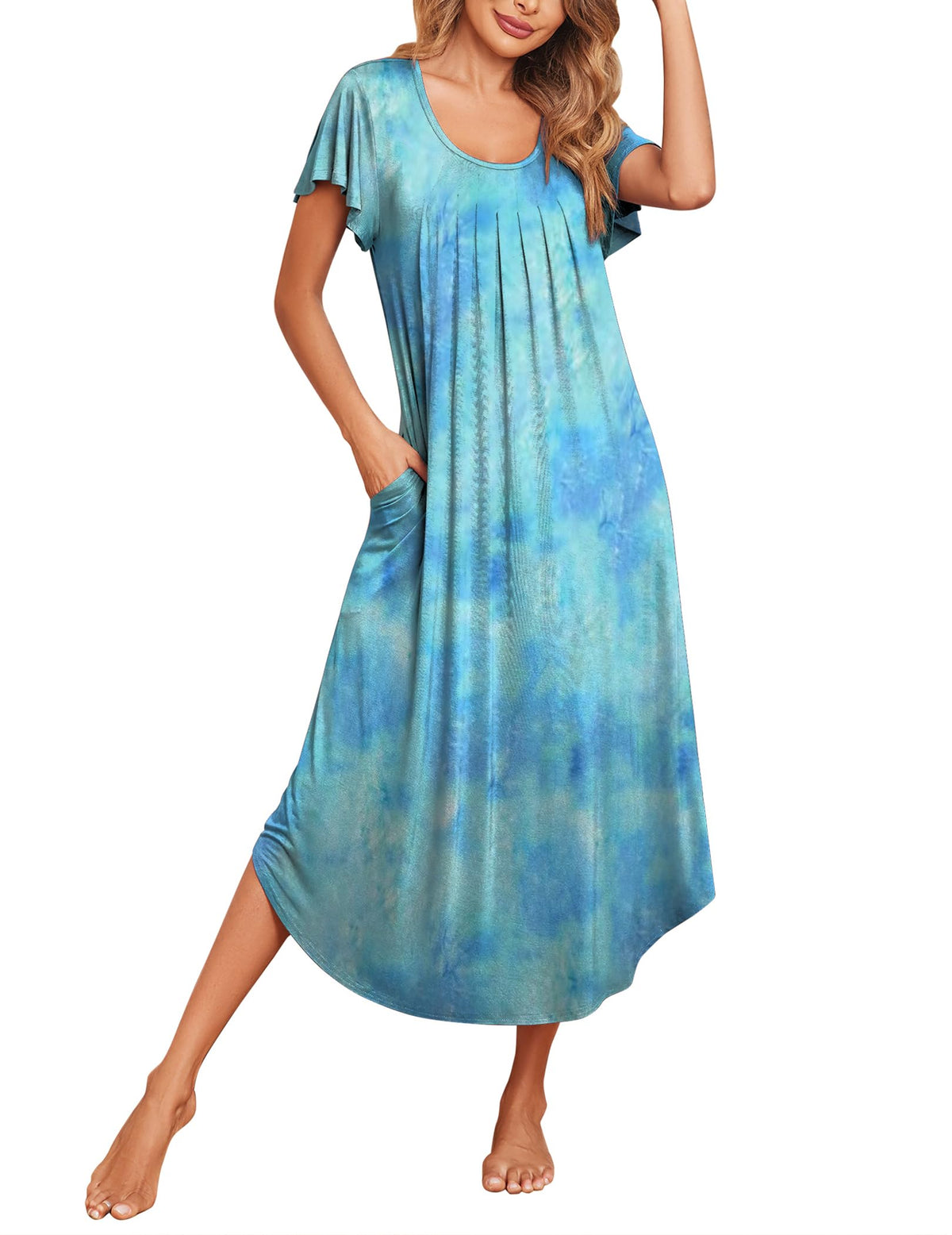 Ekouaer Long Nightgowns for Women with Pockets Short Sleeves House Dresses