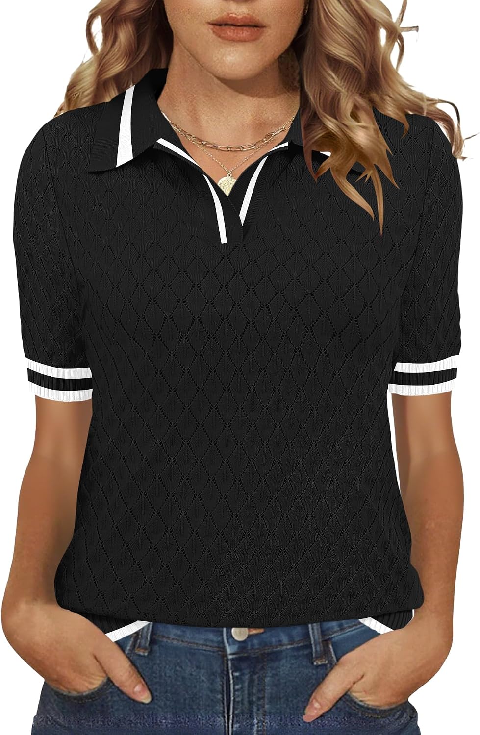 Rapbin Womens Short Sleeve Knit Polo Shirts Summer Spring Sweater Tops