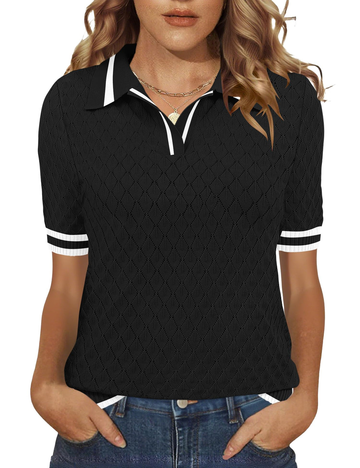Rapbin Womens Short Sleeve Knit Polo Shirts Summer Spring Sweater Tops