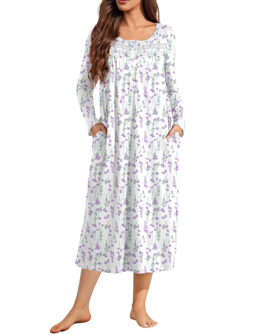 Ekouaer Long Sleeve Nightgown for Women Long Henley House Dress with Pocket