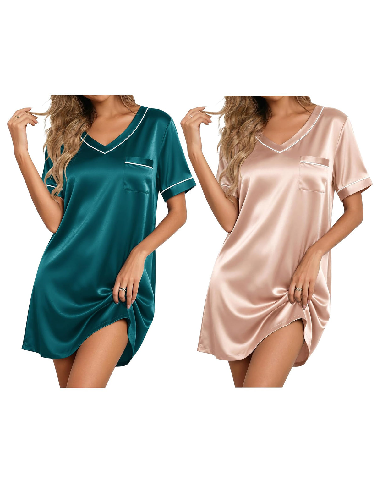 Ekouaer 2 Pack Nightgowns for Women Satin Short Sleeve V Neck House Dress
