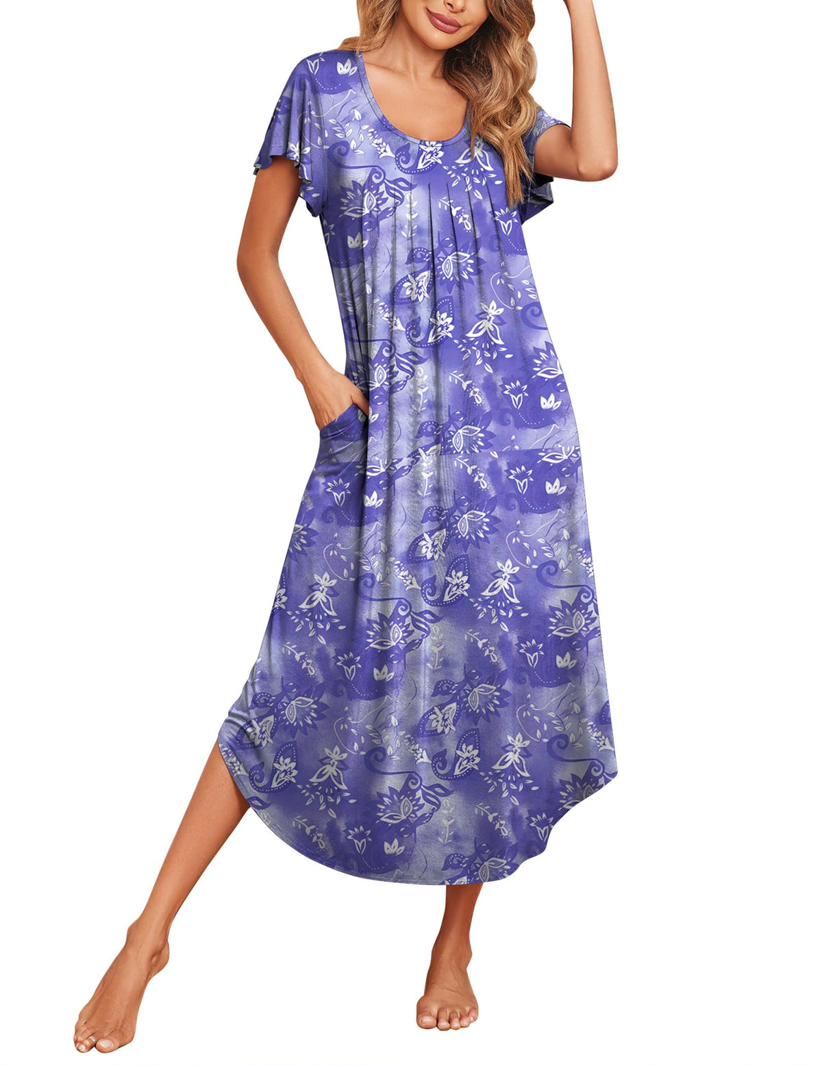 Ekouaer Long Nightgowns for Women with Pockets Short Sleeves House Dresses