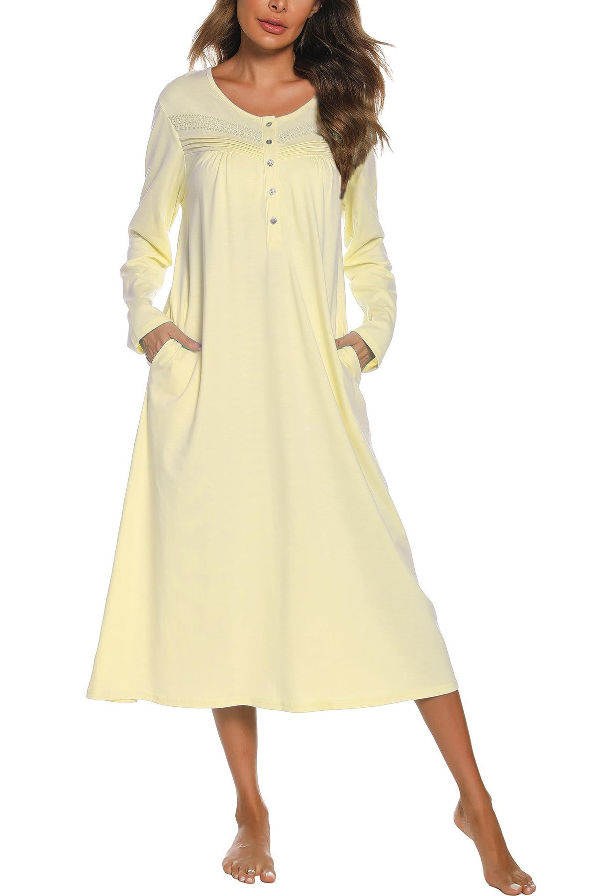 YOZLY Nightgowns for Women Soft Cotton Long Sleeve Night Gwon with Pockets