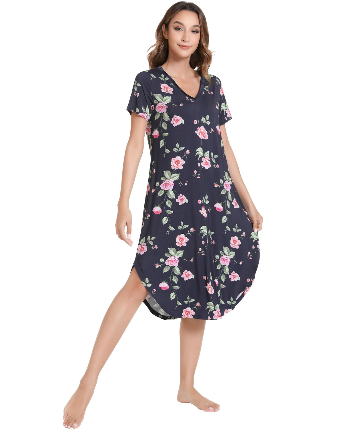 NACHILA Bamboo Viscose Nightgowns for Women Cooling Short Sleeve Sleepshirt