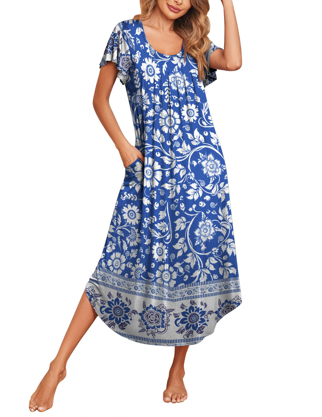 Ekouaer Long Nightgowns for Women with Pockets Short Sleeves House Dresses