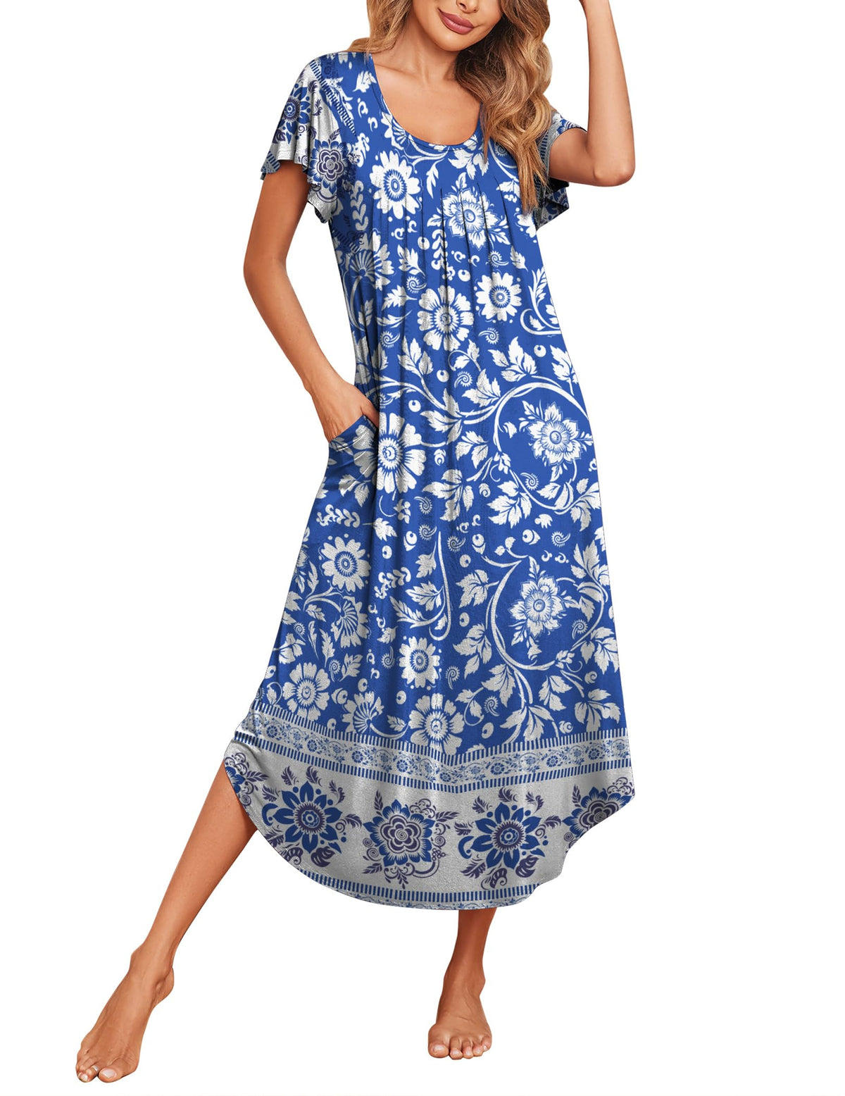 Ekouaer Long Nightgowns for Women with Pockets Short Sleeves House Dresses
