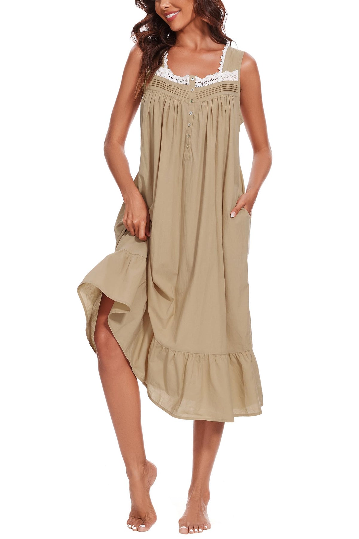 AVIIER 100% Cotton Nightgowns for Women Sleeveless Sleep Dress Ladies Gowns Sleepwear with Pockets
