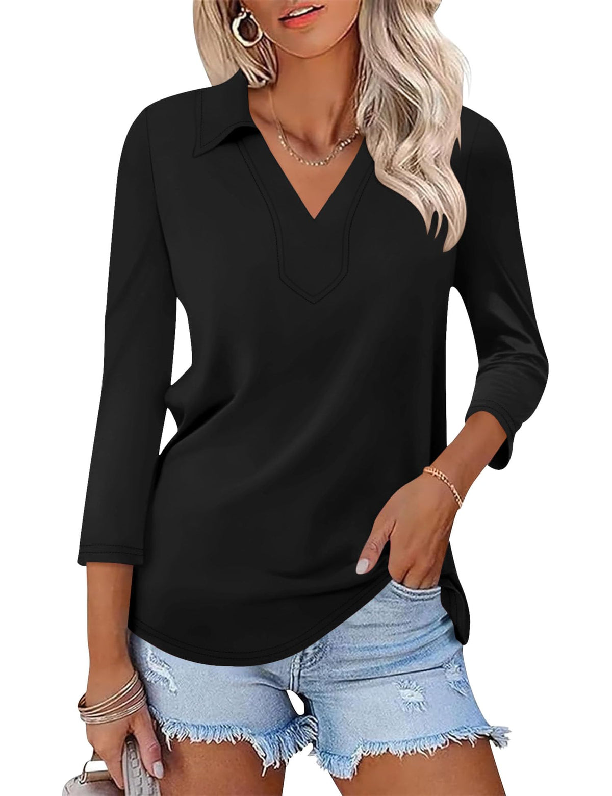LOMON 3/4 Sleeve Womens Tops Summer Collared Polo Shirts V Neck Polos Tees