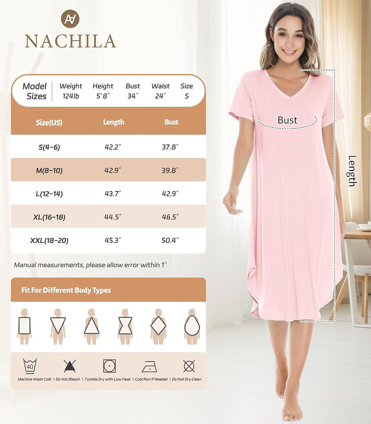 NACHILA Bamboo Viscose Nightgowns for Women Cooling Short Sleeve Sleepshirt