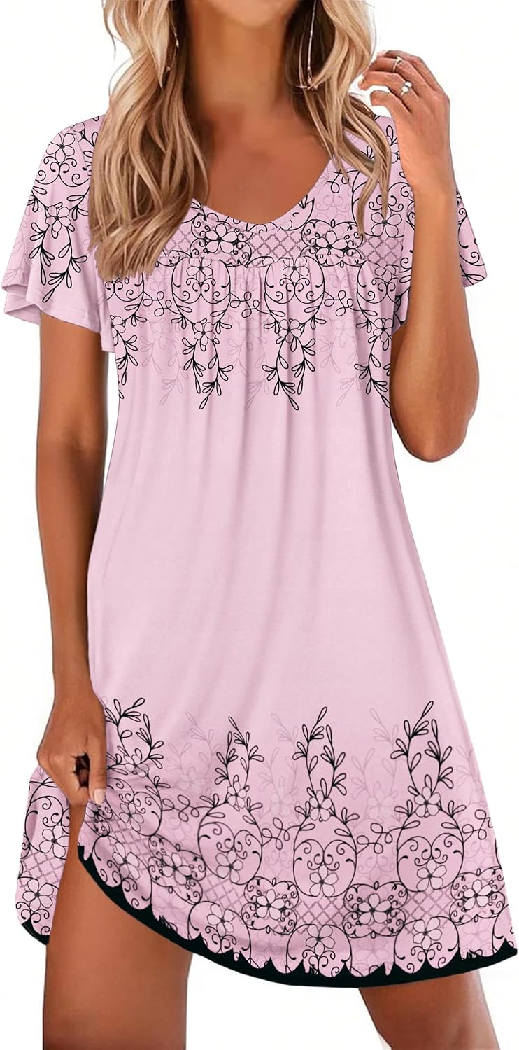 Ekouaer Nightgowns for Women Short Sleeve House Dress Pleated Night Gown
