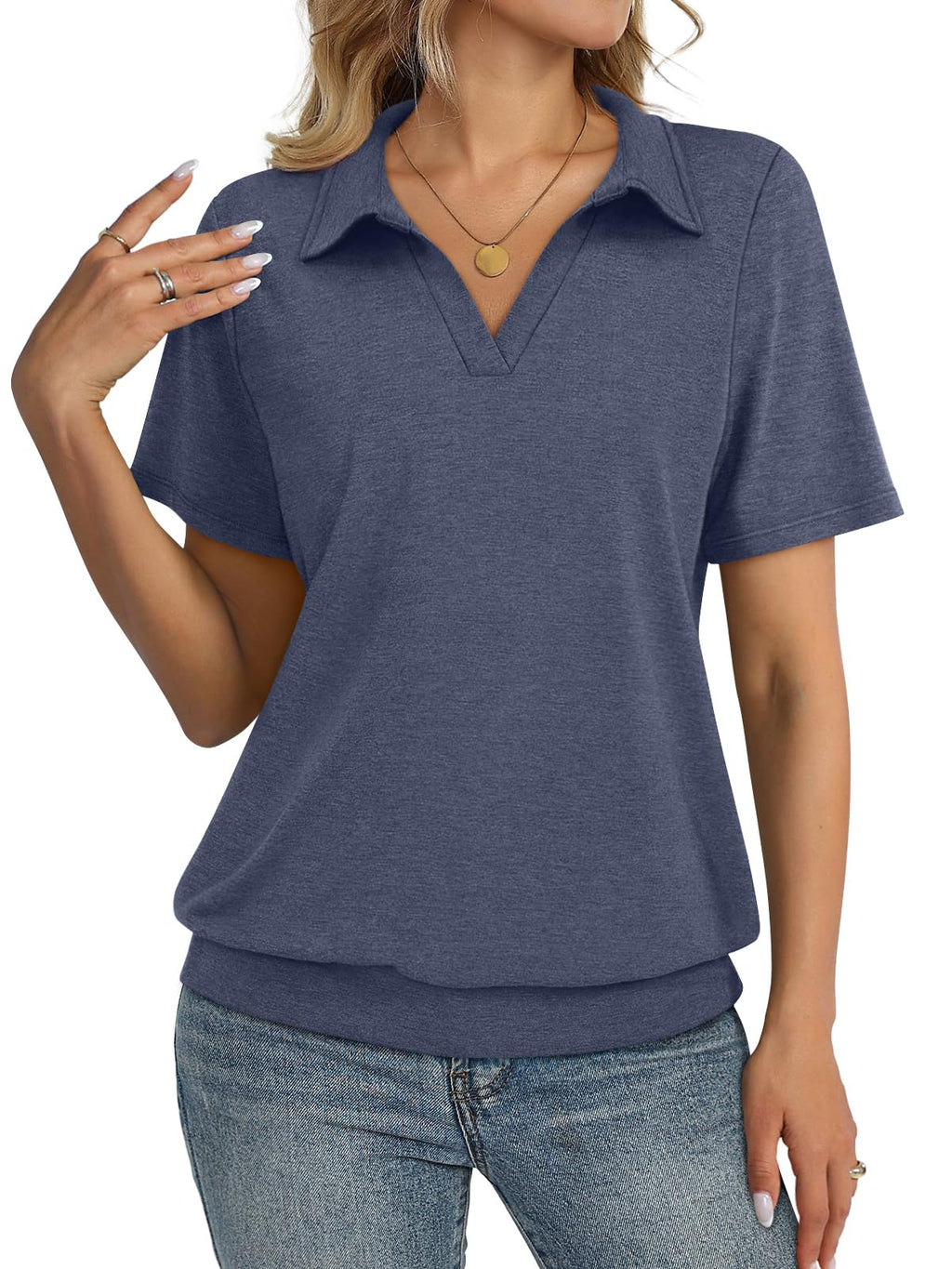 TICTICMISS Womens Polo Shirts Short Sleeve Banded Bottom Tops Business