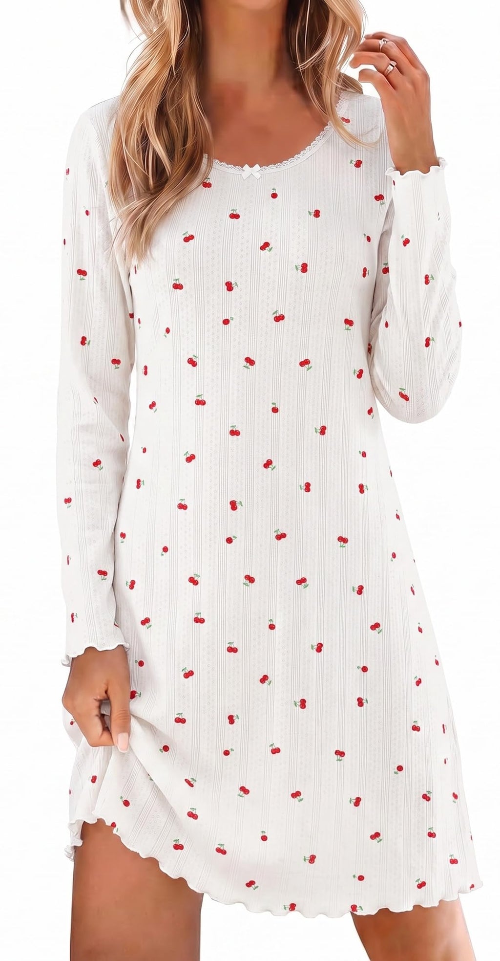 Ekouaer Women's Long Sleeve Nightgown Soft Ribbed Sleep Dress Night Shirt