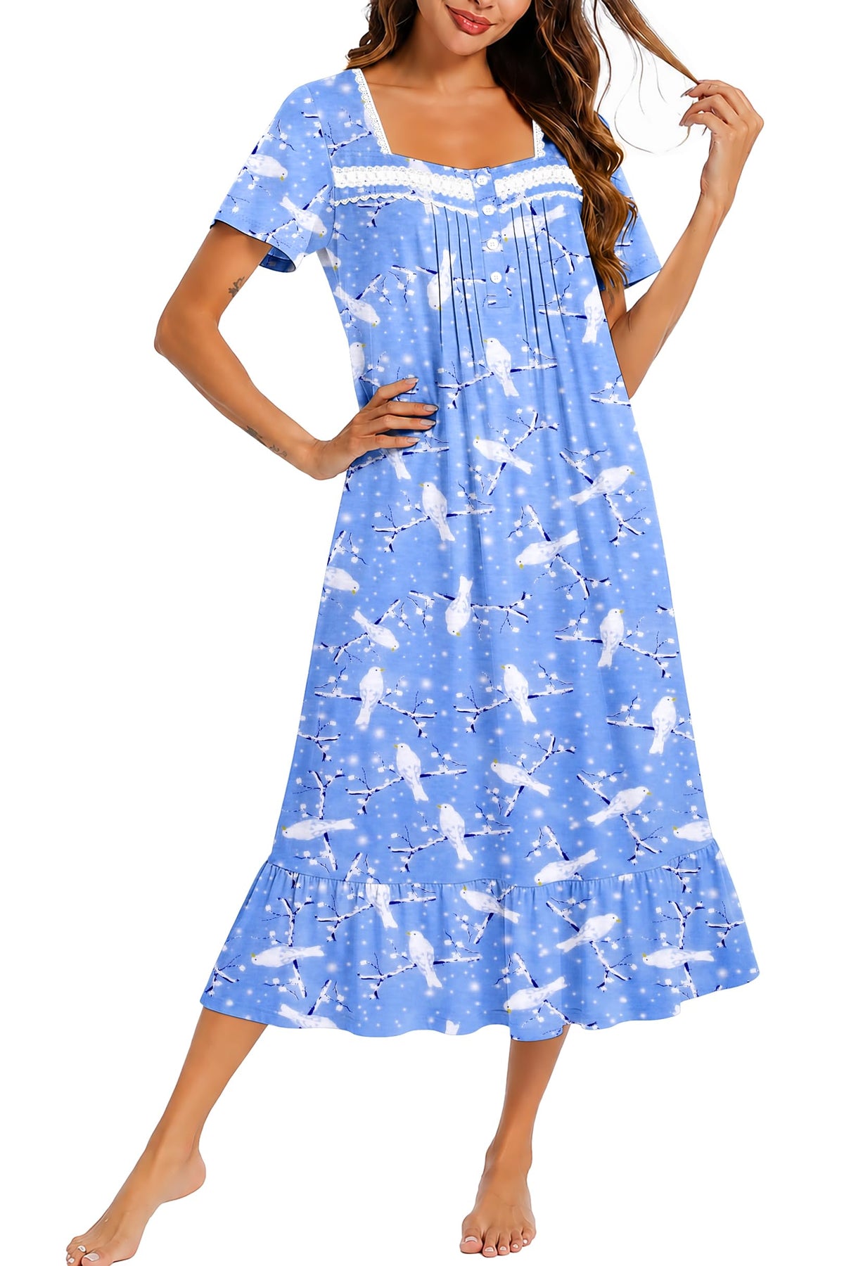 Ekouaer Cotton Long Nightgowns for Women Short Sleeve Button House Dress