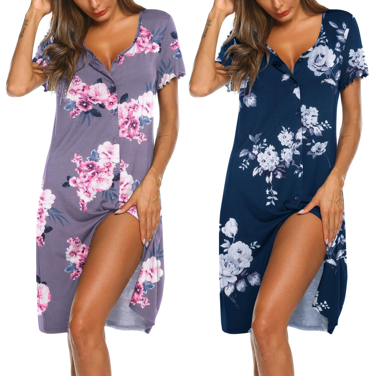 Ekouaer 2 Pack Nightgowns for Women Button Down Sleepshirts Night Gowns
