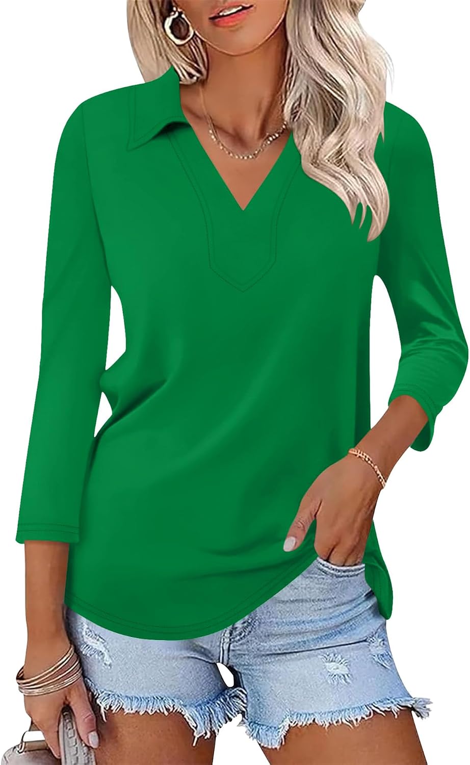 LOMON 3/4 Sleeve Womens Tops Summer Collared Polo Shirts V Neck Polos Tees