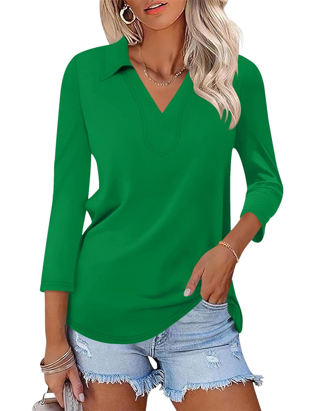 LOMON 3/4 Sleeve Womens Tops Summer Collared Polo Shirts V Neck Polos Tees