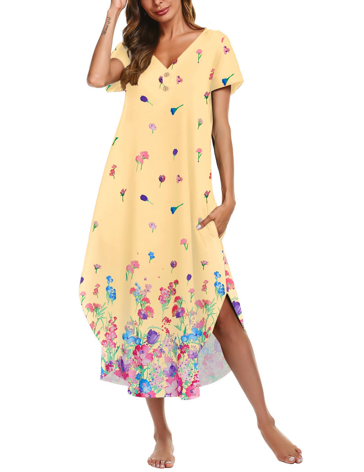 Ekouaer Long Nightgowns For Women Short Sleeve Midi Nightgown With Pockets
