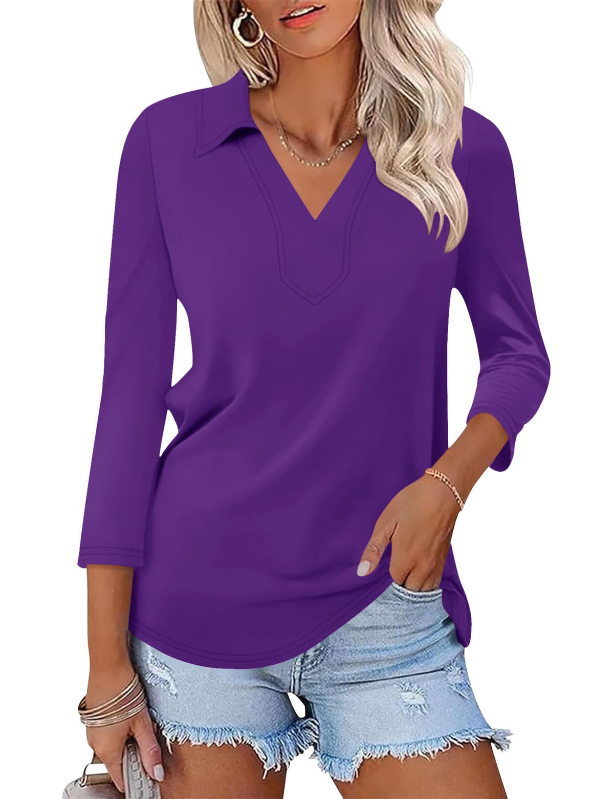 LOMON 3/4 Sleeve Womens Tops Summer Collared Polo Shirts V Neck Polos Tees