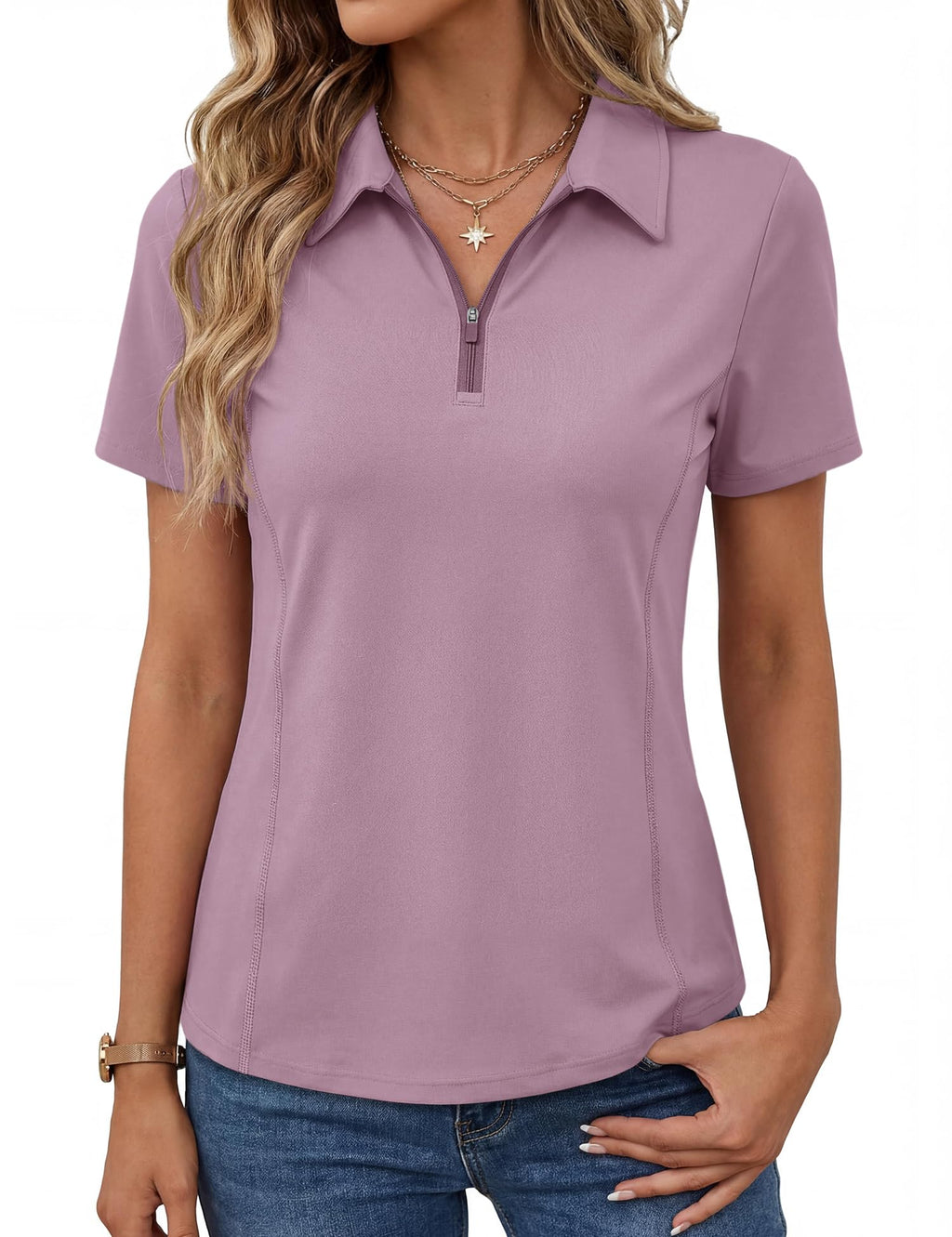 LOMON Women’s Short Sleeve Athletic Polo Shirt High Performance Stretch Quarter Zip Top for Golf Tennis