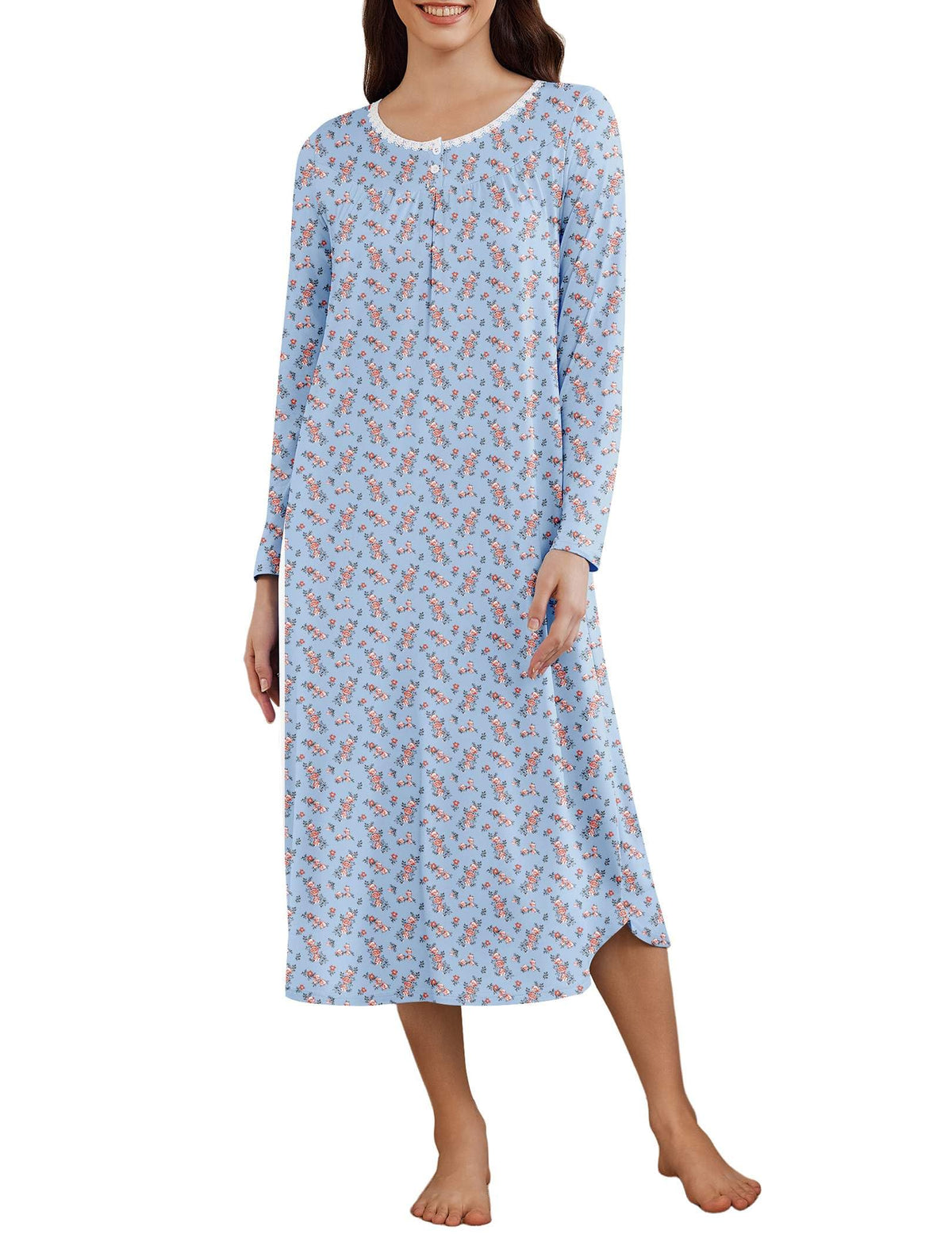 Ekouaer Womens Long Sleeve Nightgowns Long Sleepshirts Henley Sleep Dress