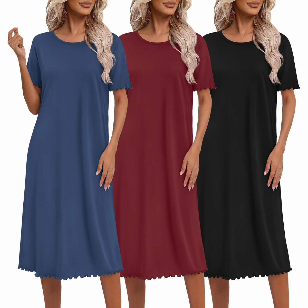 Ekouaer 3 Pack Long Nightgowns for Women Ruffle House Dress