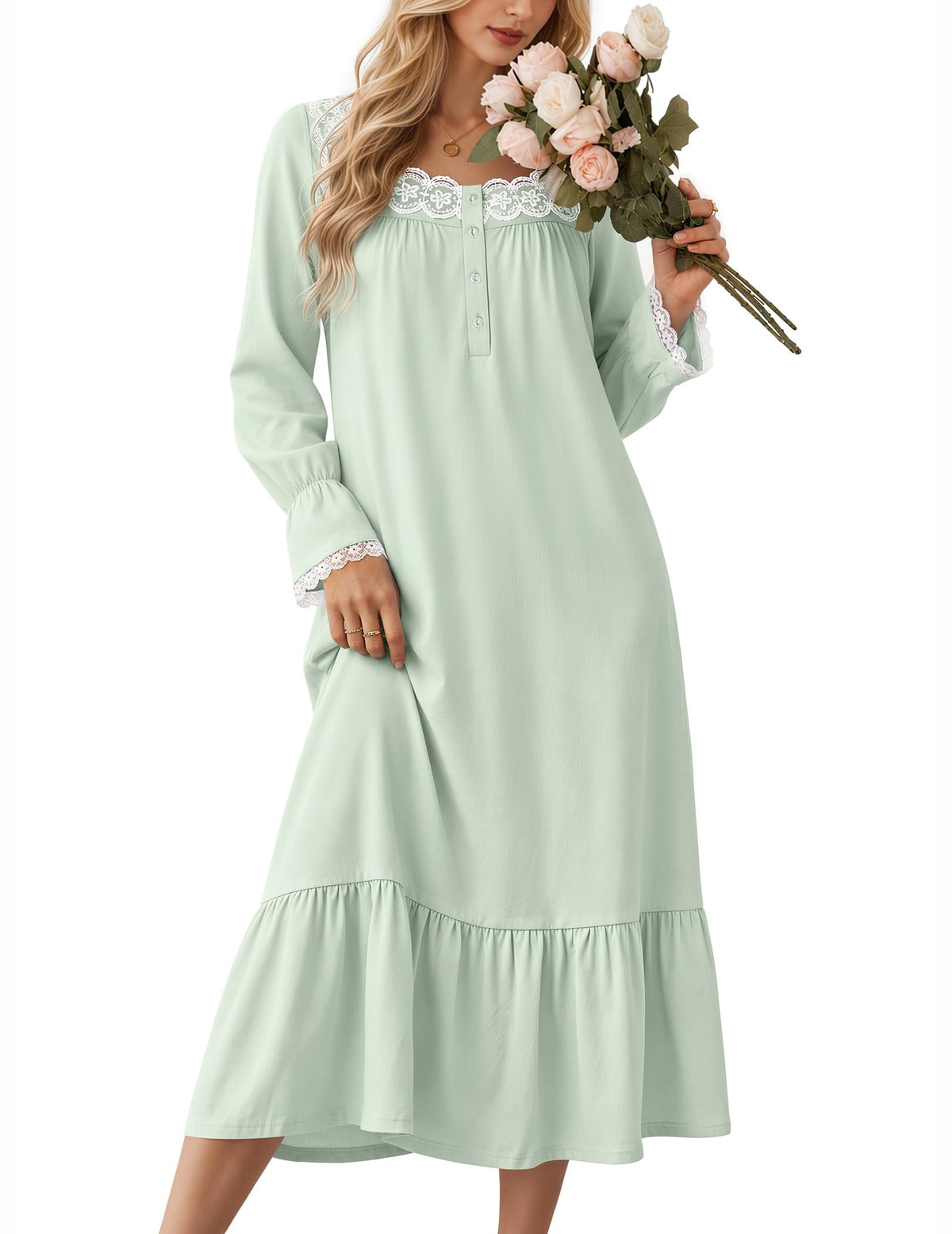 Ekouaer Cotton Nightgowns for Women Long Sleeve Night Gown Lace Sleepwear