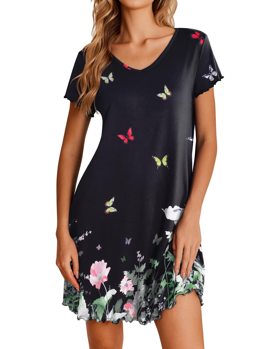 Ekouaer Womens Nightgown Short Sleeve Night Gowns Soft Ruffled Sleep Shirt