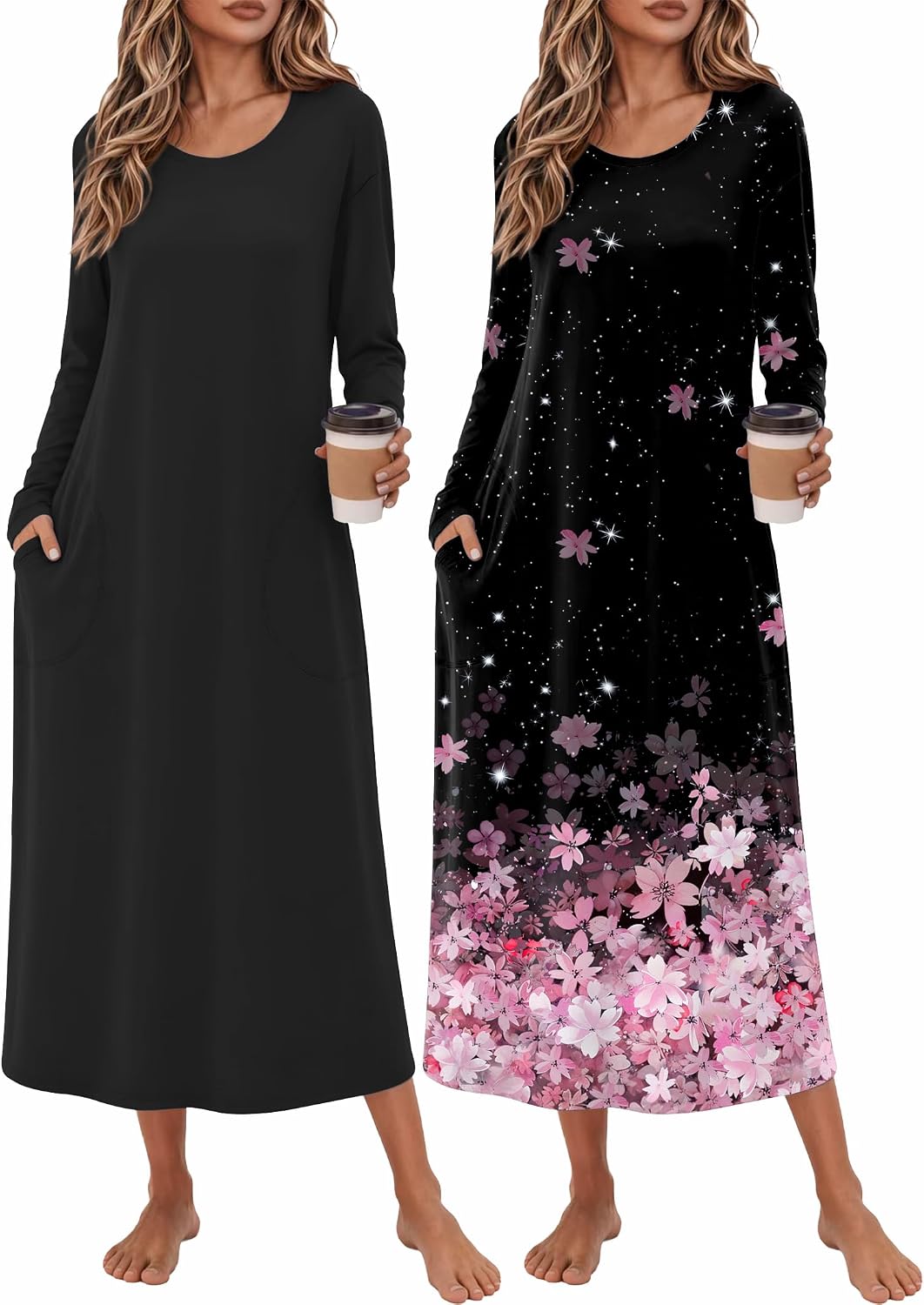 Ekouaer 2 Pack Long Nightgowns for Women Long Sleeve Nightgown with Pocket