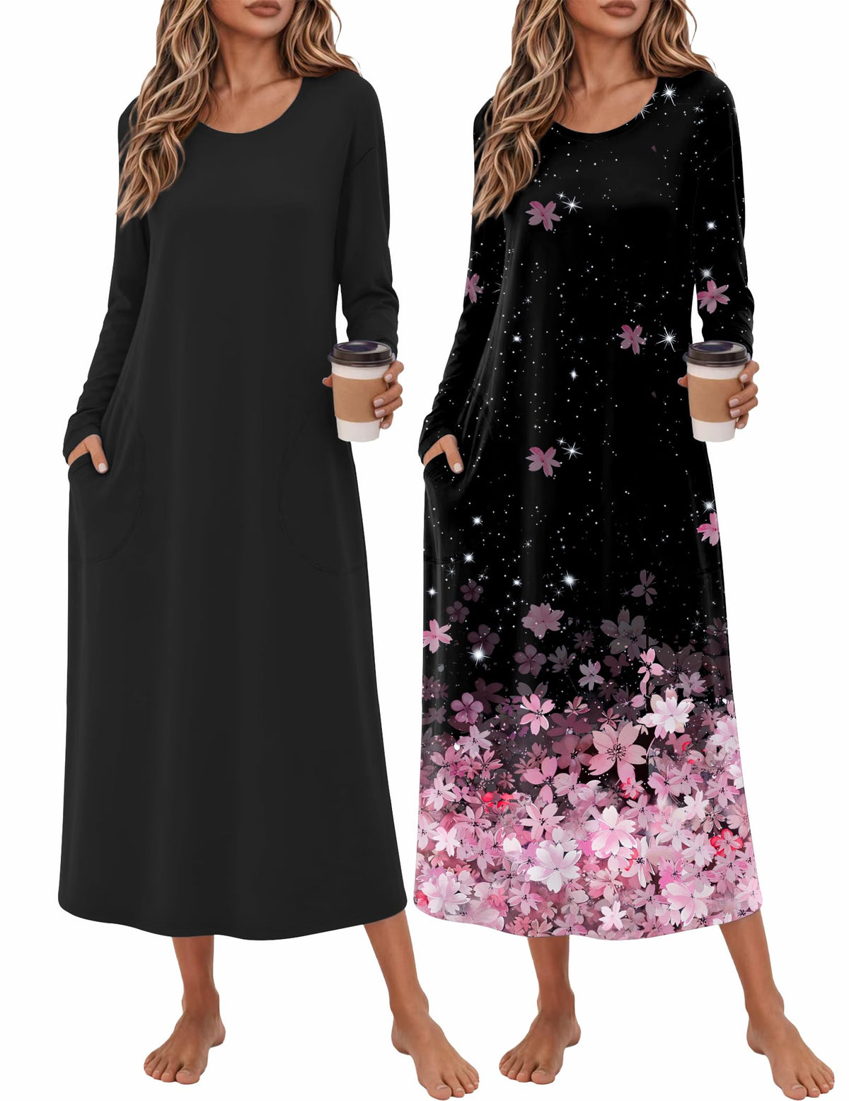 Ekouaer 2 Pack Long Nightgowns for Women Long Sleeve Nightgown with Pocket