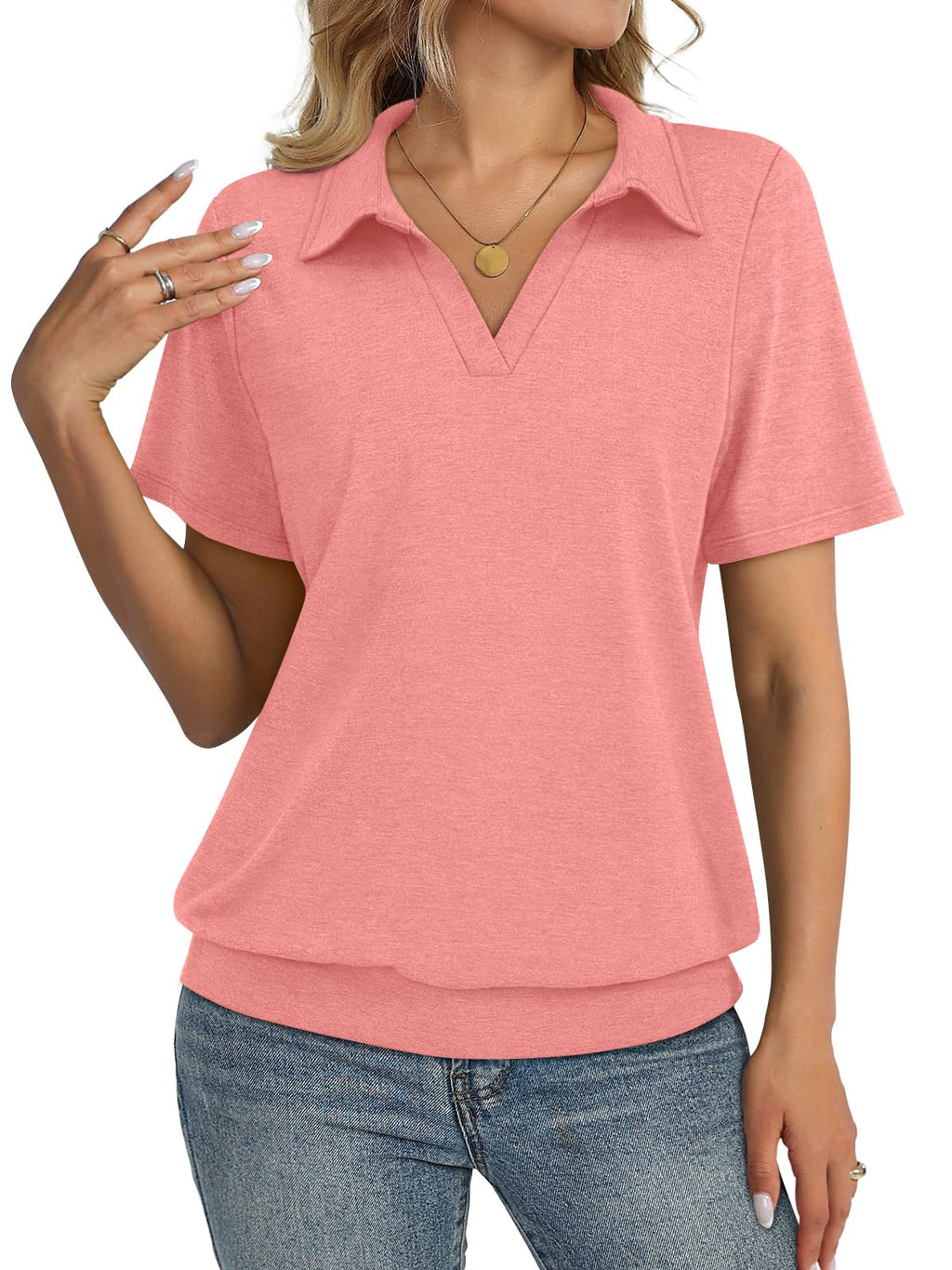TICTICMISS Womens Polo Shirts Short Sleeve Banded Bottom Tops Business