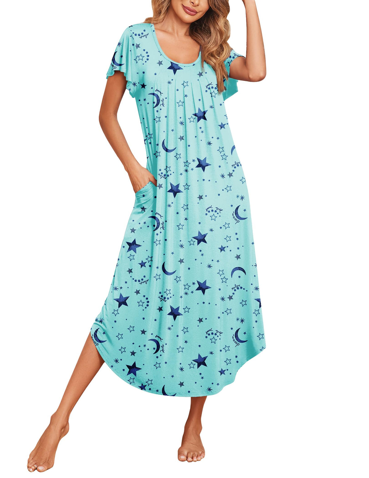 Ekouaer Long Nightgowns for Women with Pockets Short Sleeves House Dresses