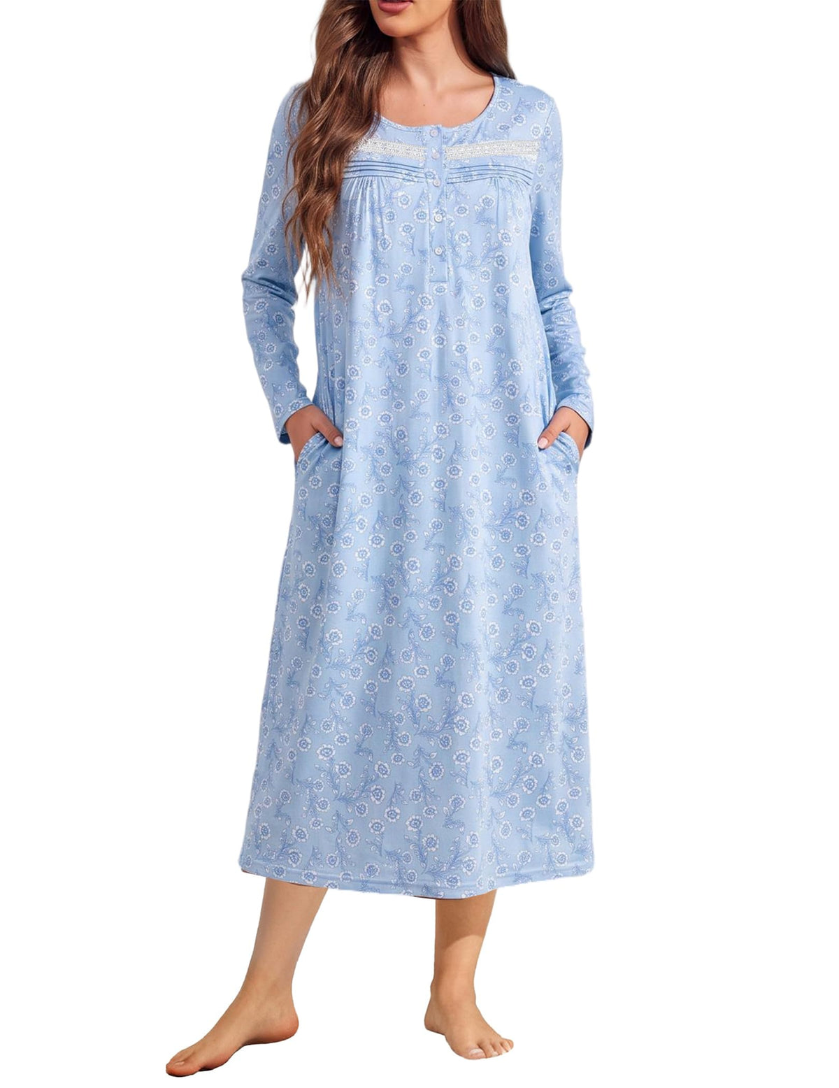 Ekouaer Long Sleeve Nightgown for Women Long Henley House Dress with Pocket