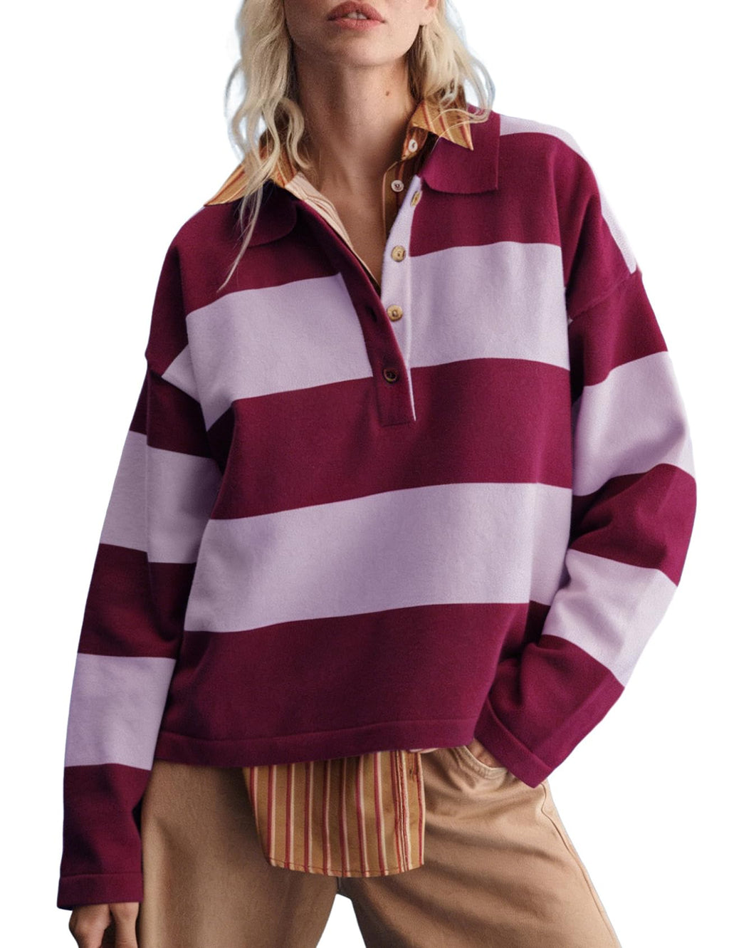 Wyeysyt Polo Sweater Women Rugby Shirt Striped Collared Sweaters