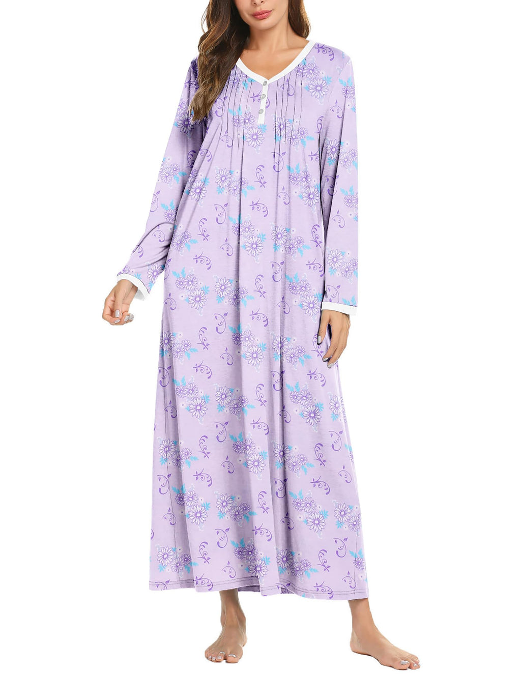 Ekouaer Women's Long Sleeve Nightgown Full Length Sleepwear Long Sleepshirts Henley Sleep Dress
