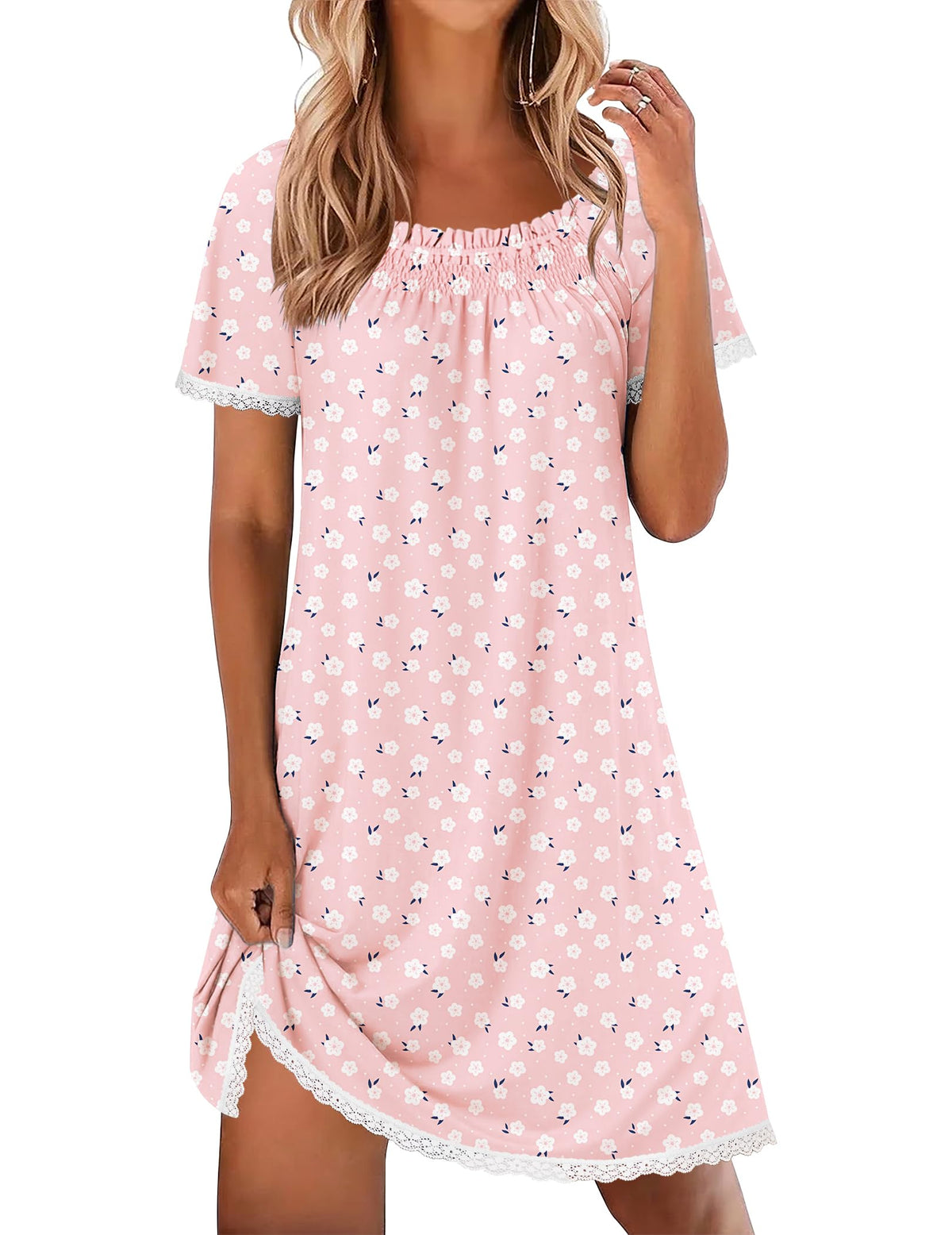 Ekouaer Cotton Nightgowns for Women Short Sleeve Pleated Sleep Shirts