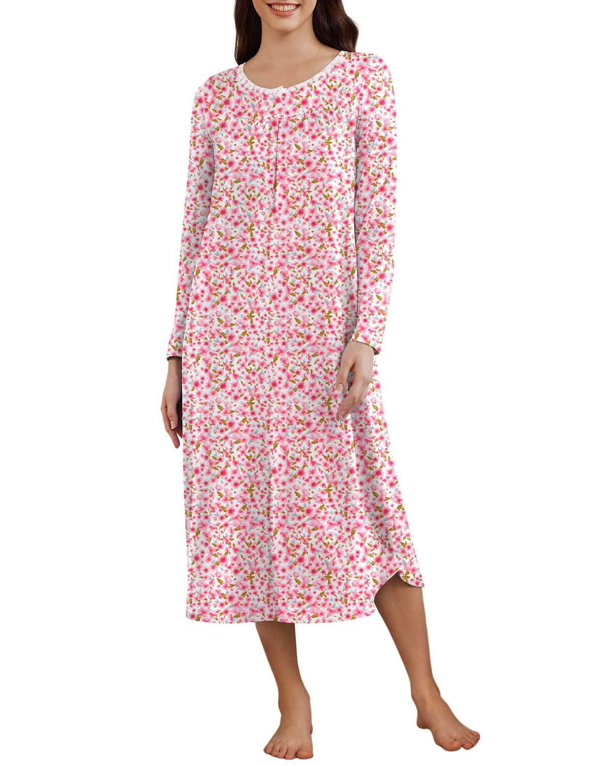 Ekouaer Womens Long Sleeve Nightgowns Long Sleepshirts Henley Sleep Dress