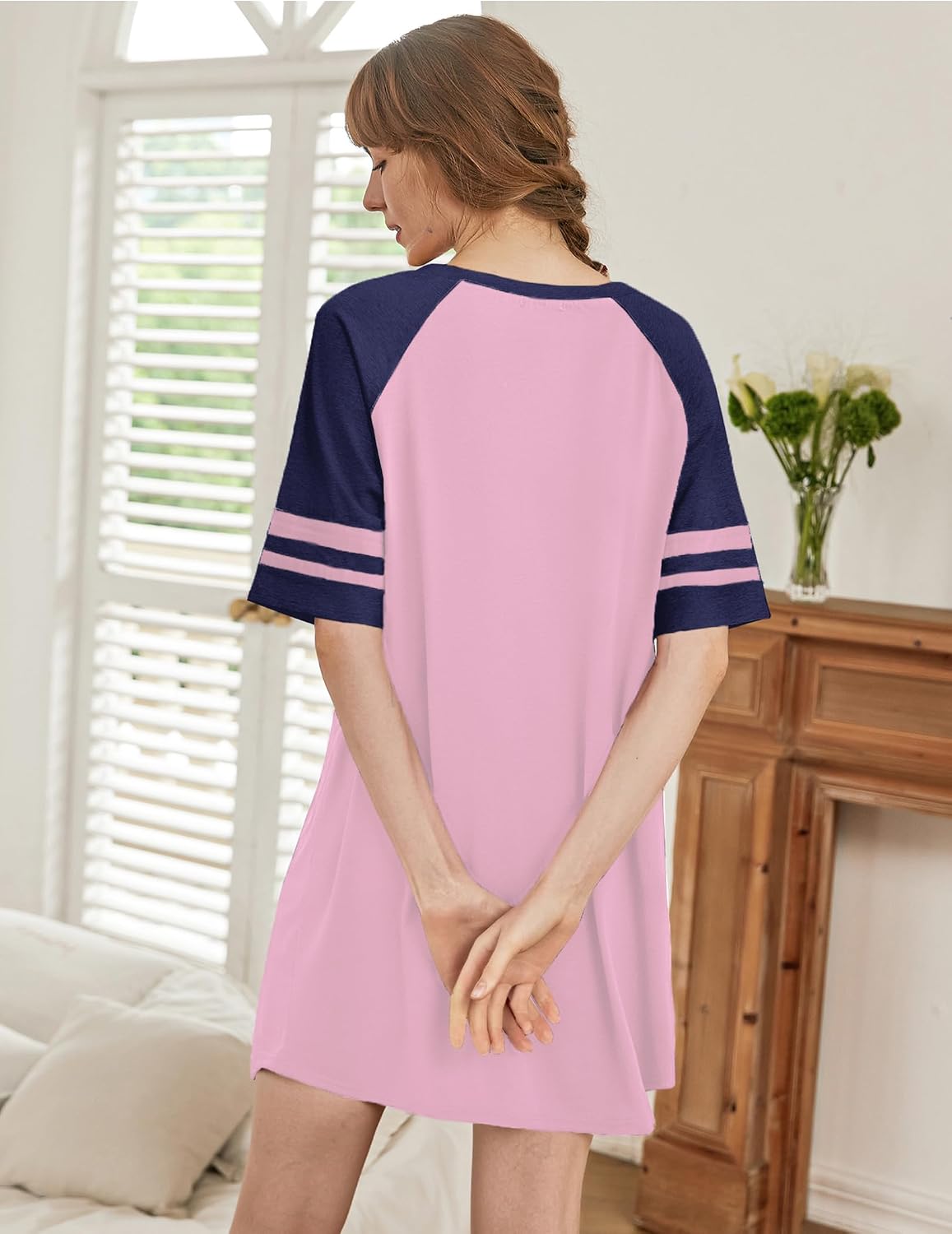 Ekouaer Nightgowns for Women Color Block Sleep Shirt Short Sleeve Sleepwear